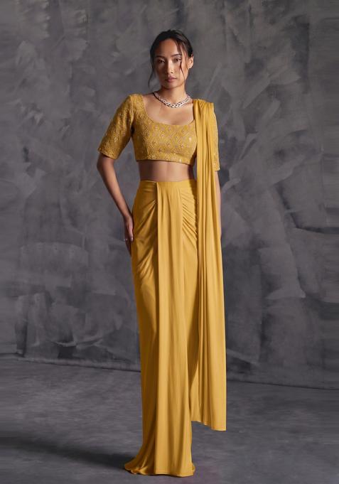 Mustard Yellow Embroidered Georgette Pre Draped Saree Set