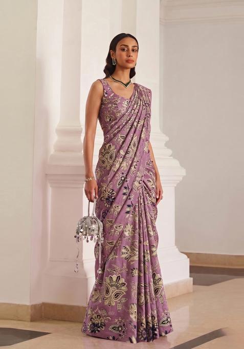 Mauve Embroidered Crepe Pre Draped Saree Set