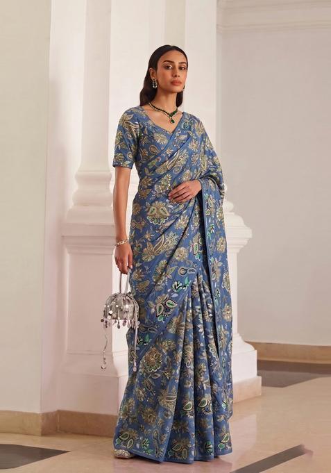 Dusty Blue Embroidered Crepe Pre Draped Saree Set