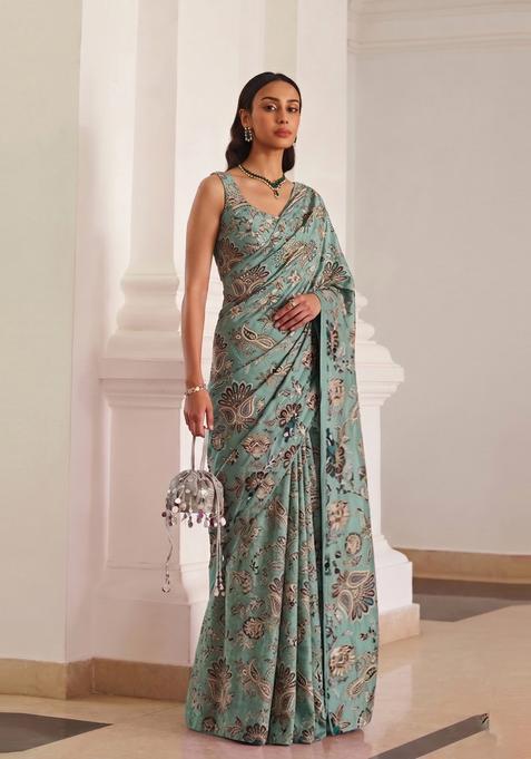 Sea Green Embroidered Crepe Pre Draped Saree Set