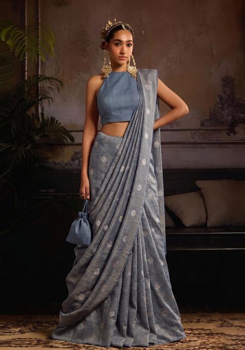 Pastel Blue Printed Silk Pre Draped Saree Set
