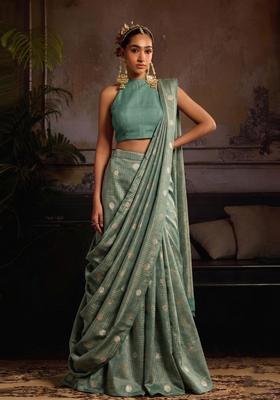 Sage Green Printed Silk Blend Pre Draped Saree Set