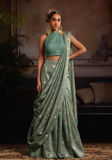 Sage Green Printed Silk Pre Draped Saree Set