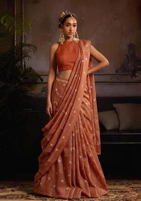 Rust Orange Printed Silk Blend Pre Draped Saree Set