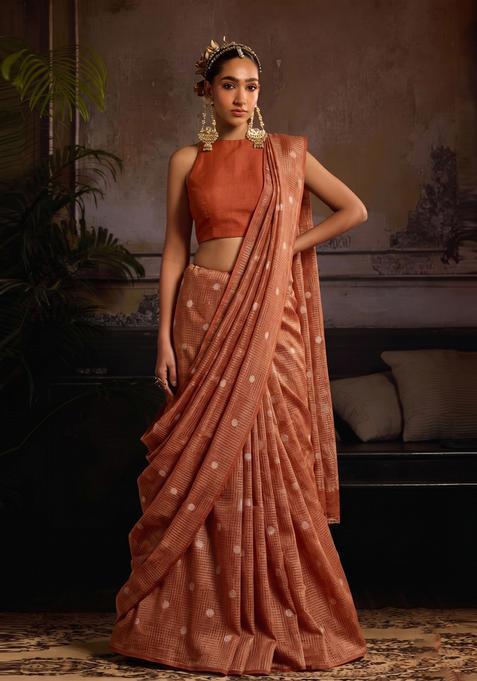 Rust Orange Printed Silk Pre Draped Saree Set
