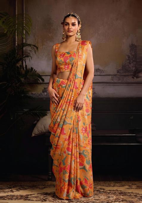 Coral Printed Organza Pre Draped Saree Set