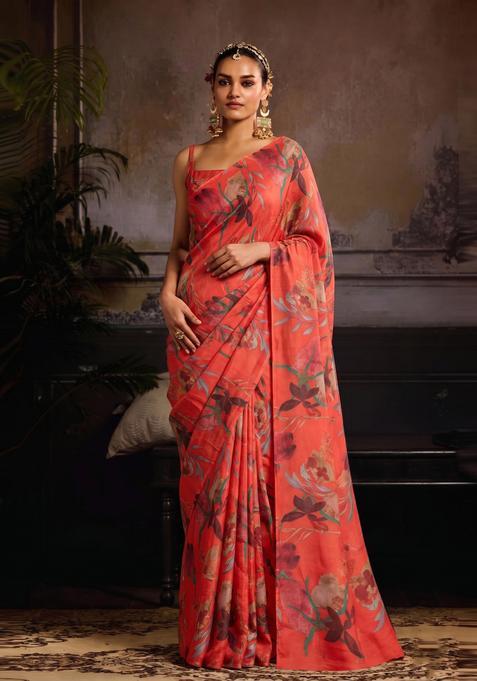 Coral Red Printed Organza Pre Draped Saree Set