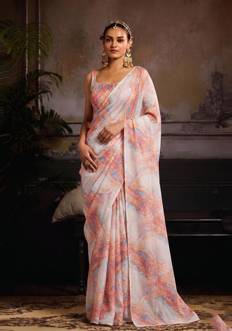 Off-White Printed Organza Pre Draped Saree Set