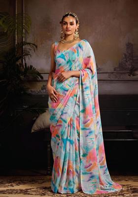 Blue Printed Organza Pre Draped Saree Set