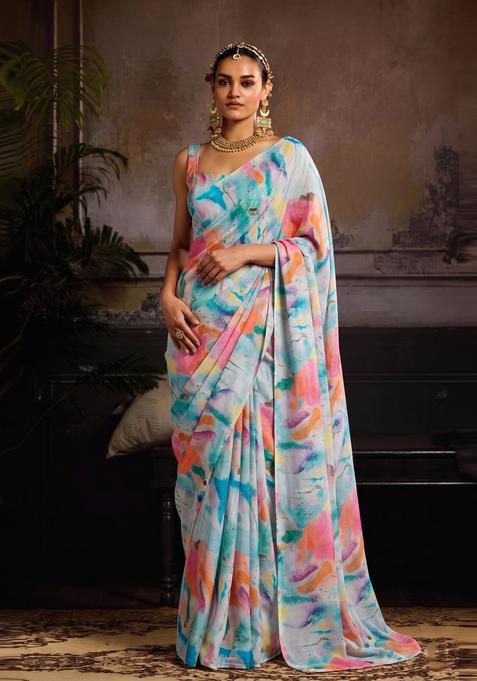 Blue Printed Organza Pre Draped Saree Set