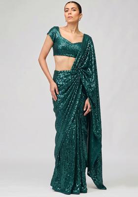 Emerald Green Sequin Georgette Pre Draped Saree Set