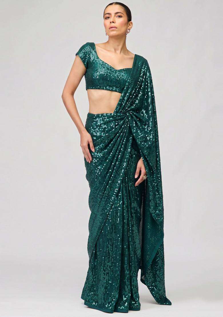 Emerald Green Sequin Georgette Pre Draped Saree Set - Indya