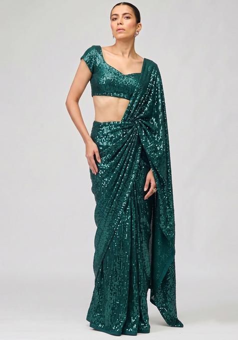 Emerald Green Sequin Georgette Pre Draped Saree Set
