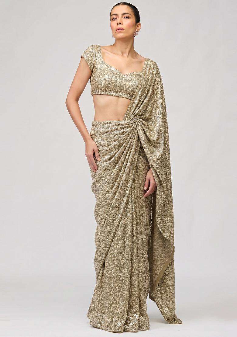 Metallic Gold Sequin Georgette Pre Draped Saree Set - Indya