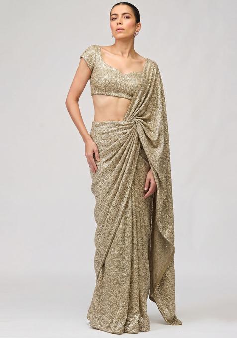 Metallic Gold Sequin Georgette Pre Draped Saree Set