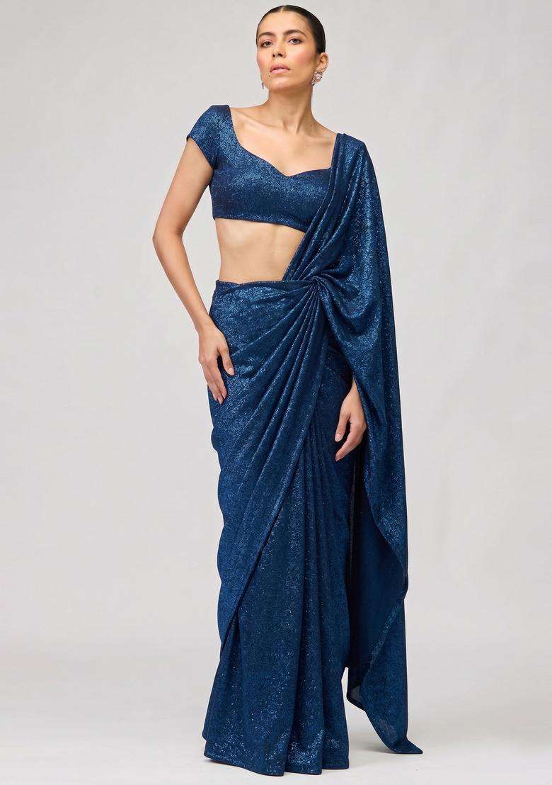 Navy Blue Sequin Georgette Pre Draped Saree Set - Indya