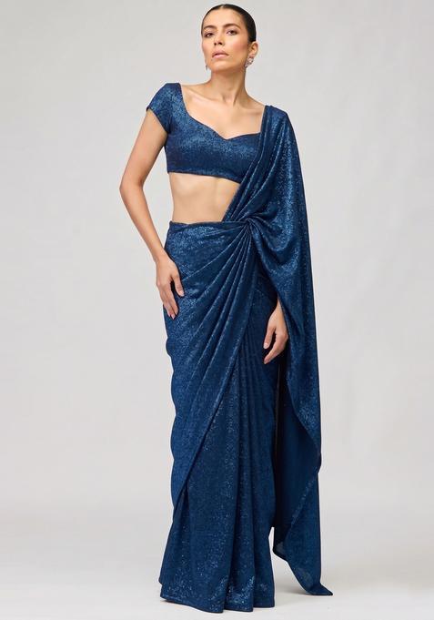 Navy Blue Sequin Georgette Pre Draped Saree Set