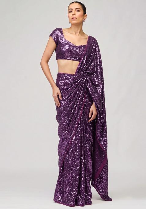 Deep Purple Sequin Georgette Pre Draped Saree Set