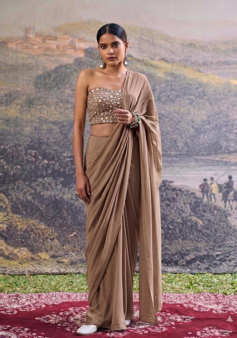 Light Brown Mirror Work Silk Pre Draped Saree Set