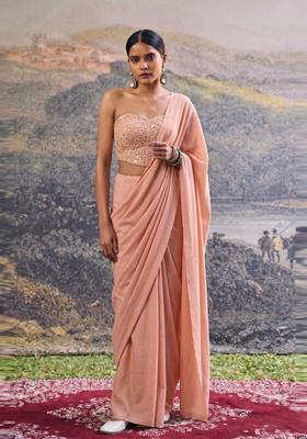 Pastel Peach Mirror Work Silk Blend Pre Draped Saree Set