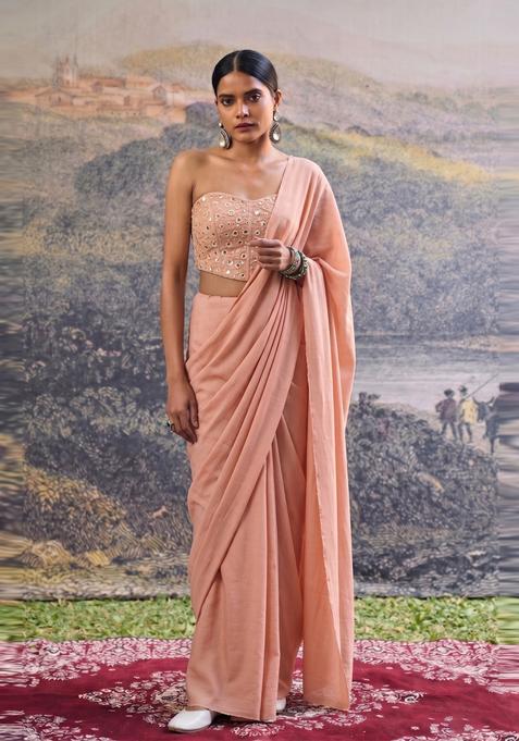 Pastel Peach Mirror Work Silk Pre Draped Saree Set