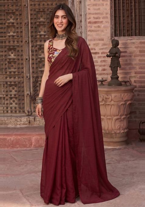 Maroon Embroidered Organza Pre Draped Saree Set