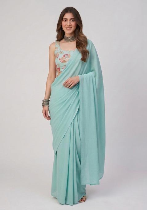 Aqua Blue Embroidered Organza Pre Draped Saree Set