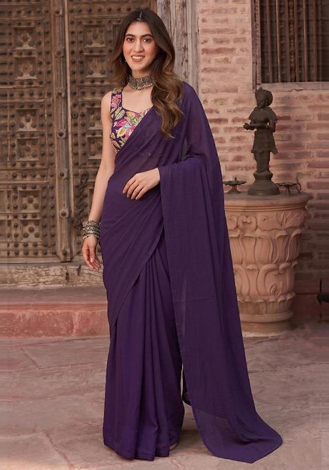 Deep Purple Embroidered Organza Pre Draped Saree Set