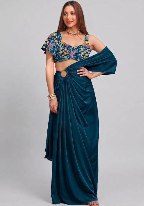 Teal Printed Crepe Fusion Set