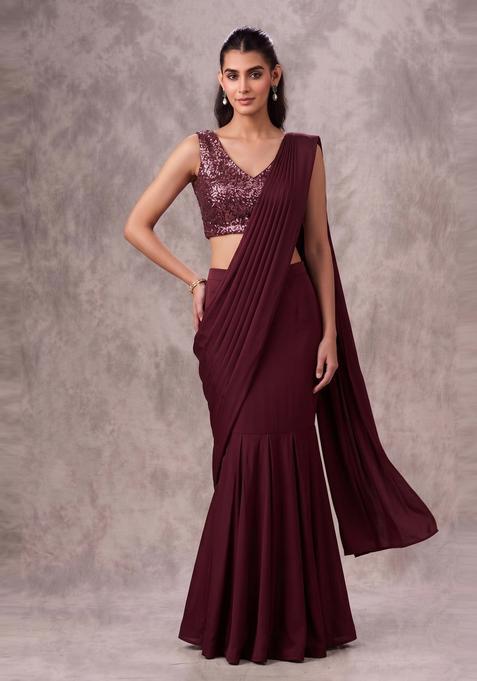 Wine Sequin Georgette Pre Draped Saree Set