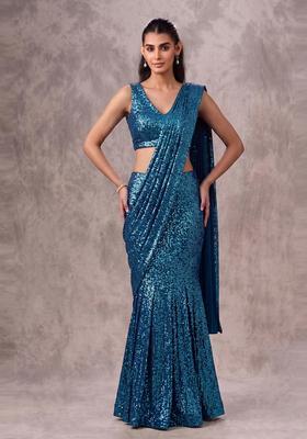 Teal Blue Sequin Georgette Pre Draped Saree Set