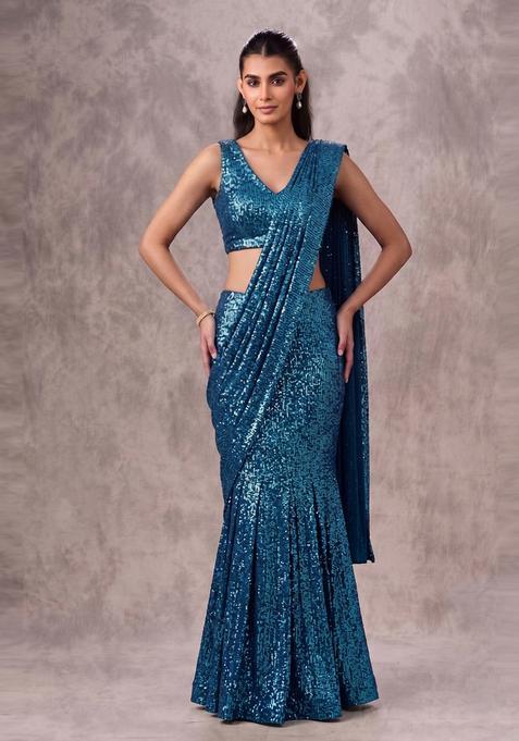 Teal Blue Sequin Georgette Pre Draped Saree Set