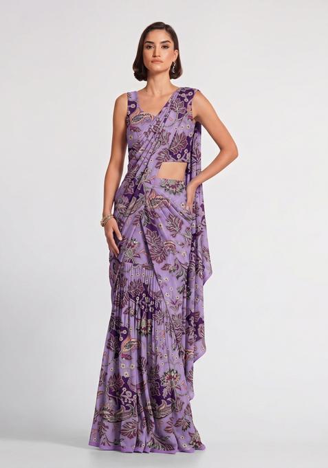 Lavender Printed Crepe Pre Draped Saree Set