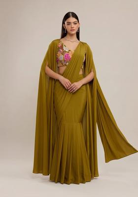 Olive Green Printed Crepe Pre Draped Saree Set