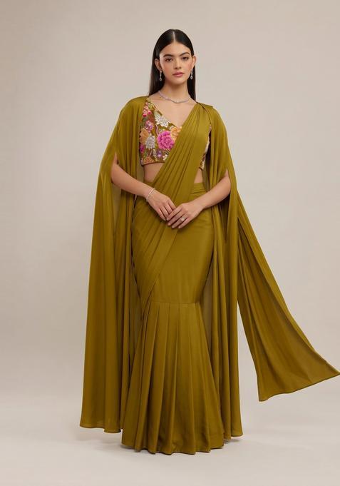 Olive Green Printed Crepe Pre Draped Saree Set