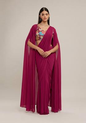 Magenta Printed Crepe Pre Draped Saree Set