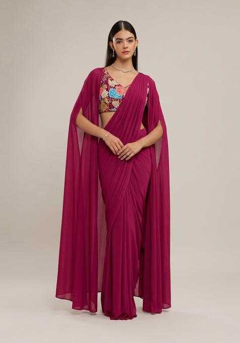 Magenta Printed Crepe Pre Draped Saree Set