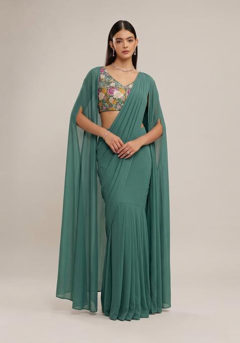Sea Green Printed Crepe Pre Draped Saree Set