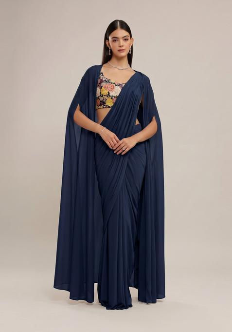 Navy Blue Printed Crepe Pre Draped Saree Set