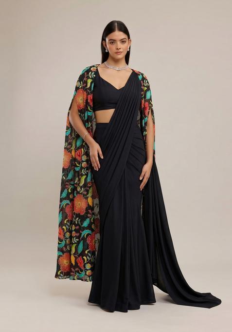 Jet Black Printed Organza Pre Draped Saree Set