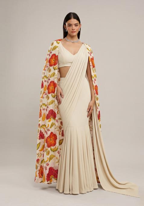 Off White Printed Organza Pre Draped Saree Set