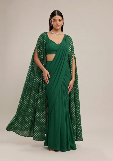 Emerald Green Printed Cosmos Pre Draped Saree Set