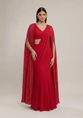 Crimson Red Printed Cosmos Pre Draped Saree Set
