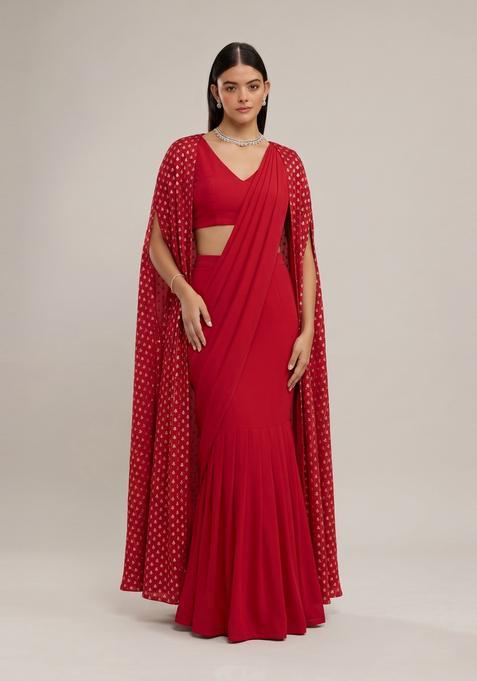 Crimson Red Printed Cosmos Pre Draped Saree Set