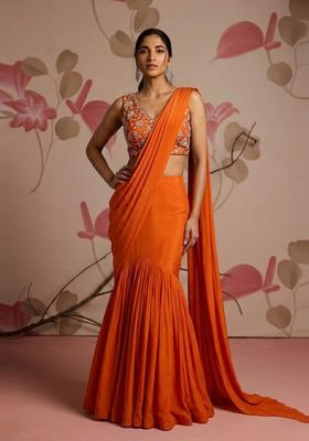 Bright Orange Embroidered Tissue Pre Draped Saree Set