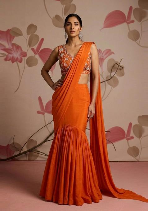 Bright Orange Embroidered Tissue Pre Draped Saree Set