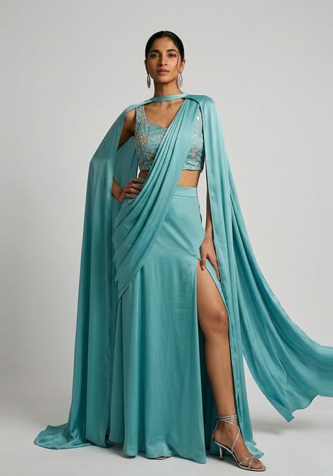 Seafoam Green Embroidered Tissue Pre Draped Saree Set