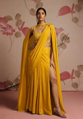 Mustard Embroidered Tissue Pre Draped Saree Set