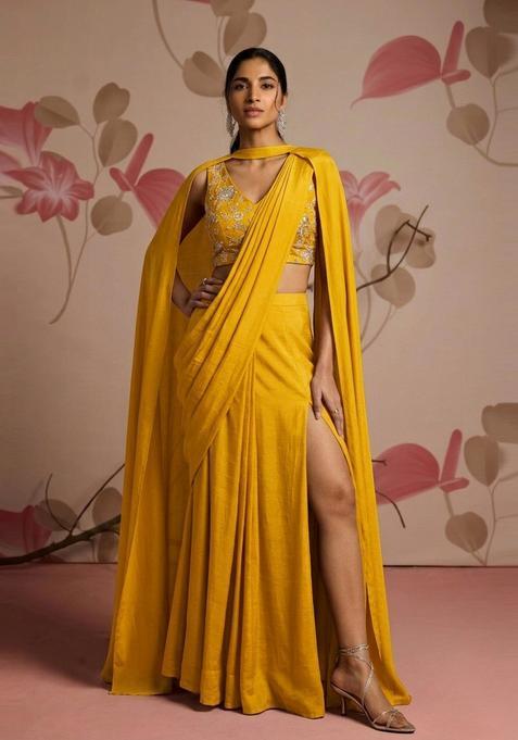 Mustard Embroidered Tissue Pre Draped Saree Set