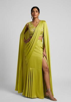 Lime Green Embroidered Tissue Pre Draped Saree Set